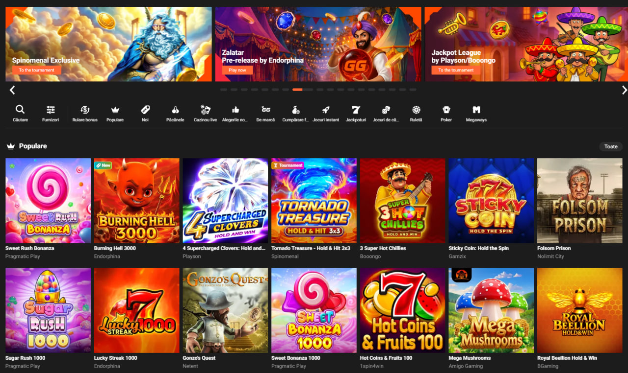 GG bet casino lobby cu promoții și sloturi populare